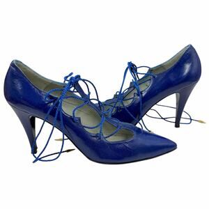 Vtg TOTAR Cobalt Blue Leather Lace Up Gladiator Heels Point Toe Pumps 8N 80s 90s